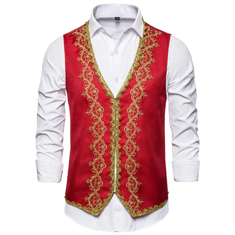 2026 Men's Red-Gold Embroidered Vest Jacket, White Court/Studio Waistcoat, Black Opera Stage Performance Sleeveless Vests Coat