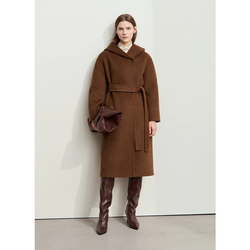 AMII Minimalist Women's Camel Wool Coat Female 2026 Warm Winter Coat Female Hooded Loose Elegant Long Jacket With Belt 12444125
