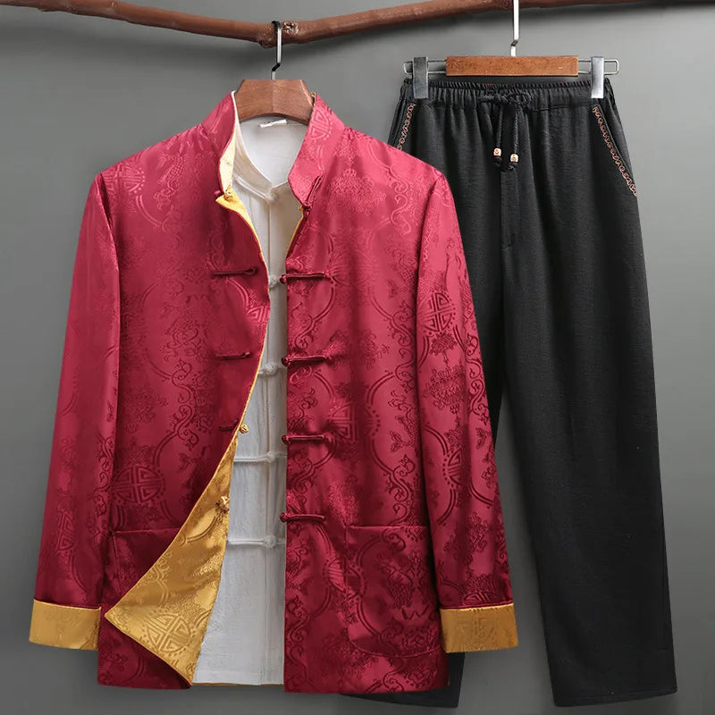 Men's Blue Two-piece, Tang-style Suit: A Chinese-style Single-breasted Stand-collar Jacket in Jacquard Fabric Paired with Pants.