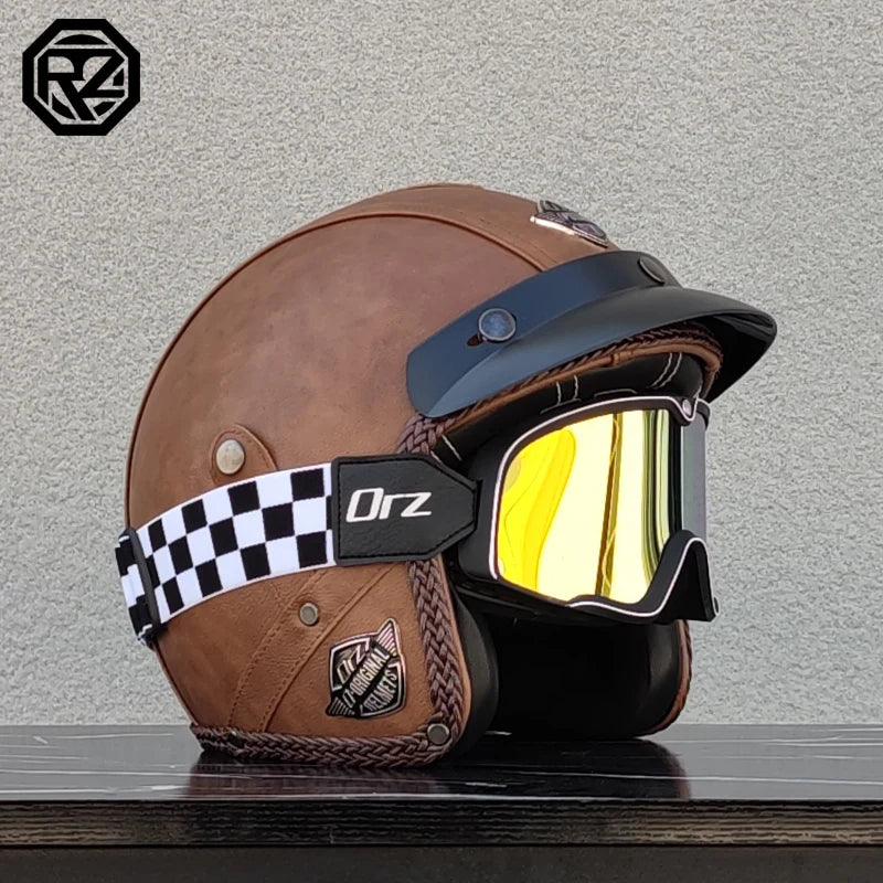 PU leather retro coffee shop racing 3/4 jet exposed motorcycle helmet, adult men's and women's cruiser scooter half helmet