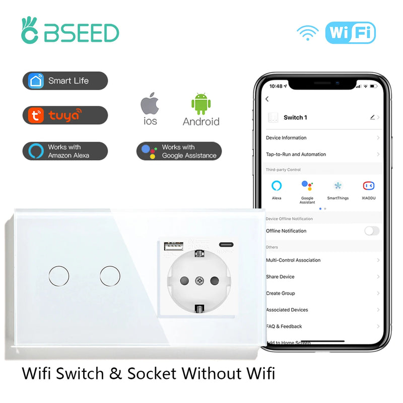 BSEED EU Standard Wifi Wall Switch 1/2/3Gang 1/2/3Way Smart Touch Light Switches Wall Socket Outlets Google Alexa Tuya Control