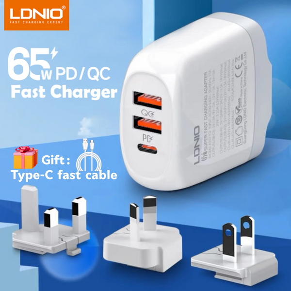 ឆ្នាំងសាក GaN USB C ទំហំ 65W LDNIO ប្រភេទ C ឆ្នាំងសាក USB PD QC PPS សាកថ្មលឿនសម្រាប់កុំព្យូទ័រយួរដៃ Macbook iPad ថេប្លេត