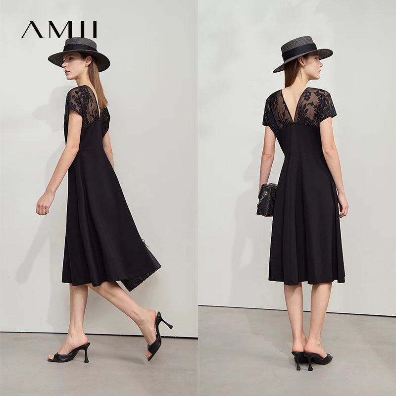 រ៉ូប Amii Minimalist Casual សម្រាប់នារី រដូវក្តៅ ឆ្នាំ២០២៥ ថ្មី សម្រាប់នារីការិយាល័យ ដៃខ្លី ក V ចង្កេះស្ដើង រ៉ូបចរ 12542261