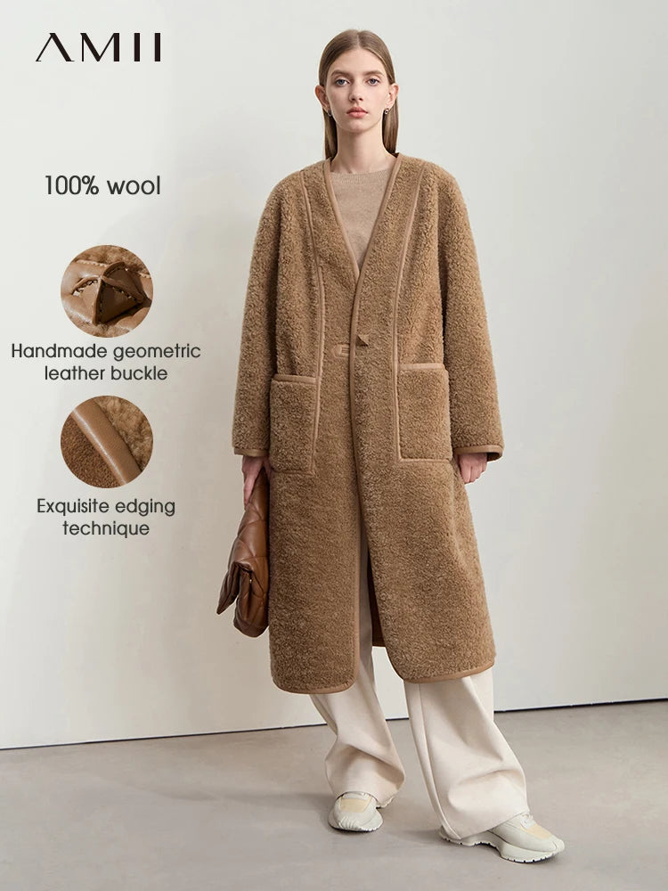 AMII Long Fur Coat 2026 Winter New V-neck All-wool Thick Warm Outerwears Leather Buckle Pocket Casual Loose Women's Top 12444137