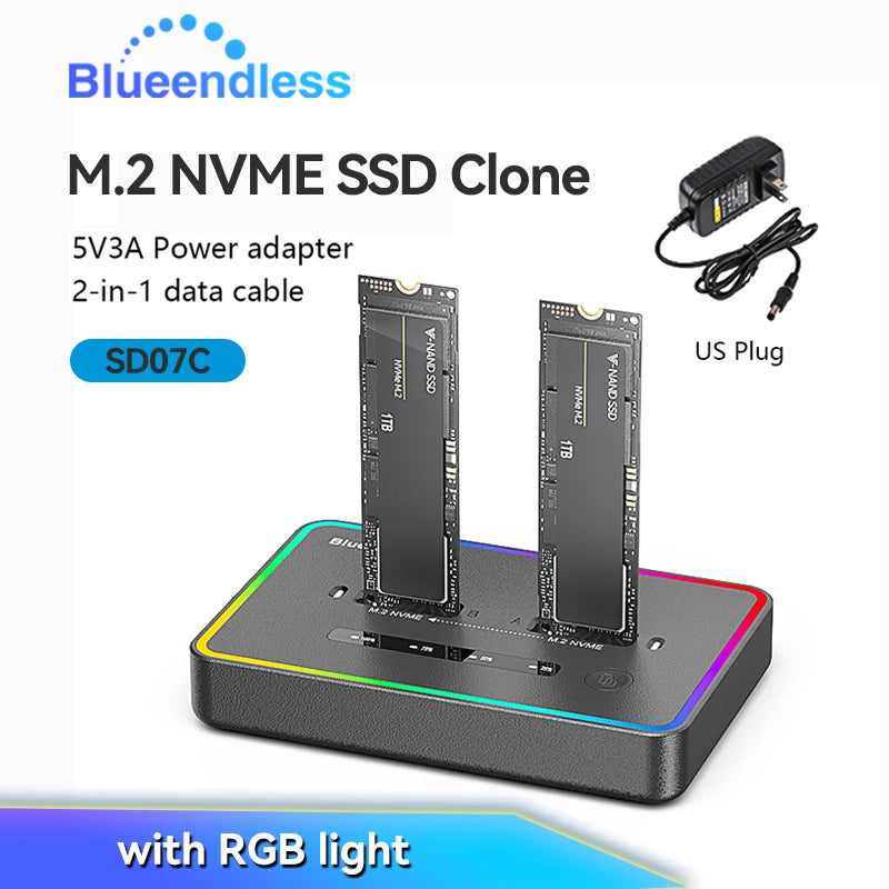ស្ថានីយ៍ចតក្លូន SSD M.2 NVME ពីរជ្រុង Blueendless 20Gbps USB3.2 USB C ប្រភេទ C ឧបករណ៍ចម្លងក្លូនក្រៅបណ្តាញ NVme PCIE Enclosure