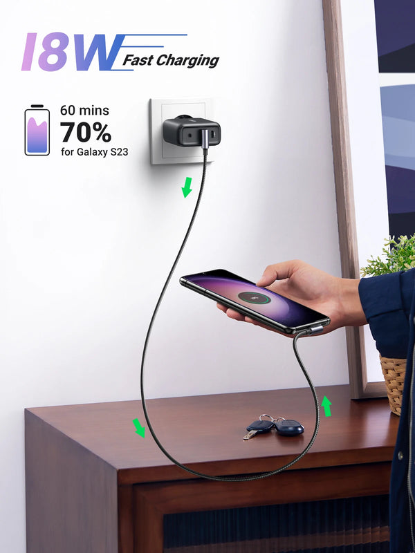 ខ្សែ UGREEN 90 ដឺក្រេ USB C ខ្សែនីឡុងសាកលឿន USB Type C សម្រាប់ iPhone 17 16 Xiaomi Samsung S25 S24 Poco USB-C ទៅ USB-C ខ្សែ