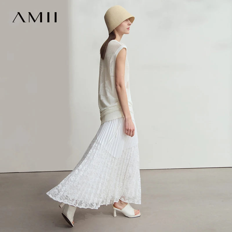 AMII Casual Loose Long Tank 2026 Summer Thin Office Lady Simple Solid O-Neck Pullovers Women Sleeveless Knit Vest Tops 12542240