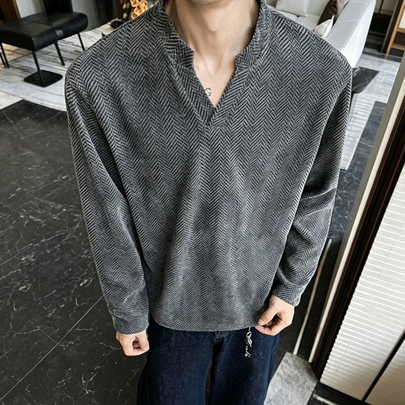 Mens Casual Loose Long Sleeve Top Notched V Neck Herringbone Jacquard Pattern Breathable Fabric Daily Wear