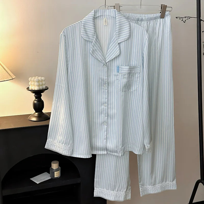 Ice Silk Striped Long Sleeve Women's Pajamas Set Nightie Autumn Ladies Two-Piece Set Sleepwear Woman Home Wear Pyjama Femmes