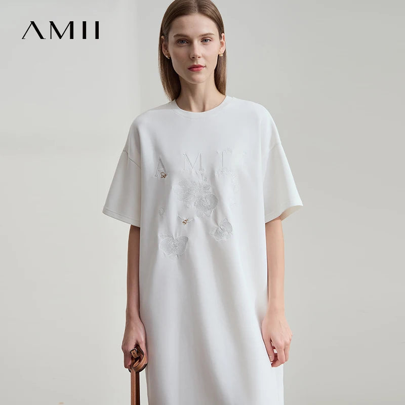 រ៉ូប Amii Minimalism រលុងរដូវក្តៅឆ្នាំ ២០២៥ សម្លៀកបំពាក់នារីថ្មីសម្រាប់ការិយាល័យ ស្បៃកប្បាស ប៉ាក់ ស្រួលពាក់ 12512001