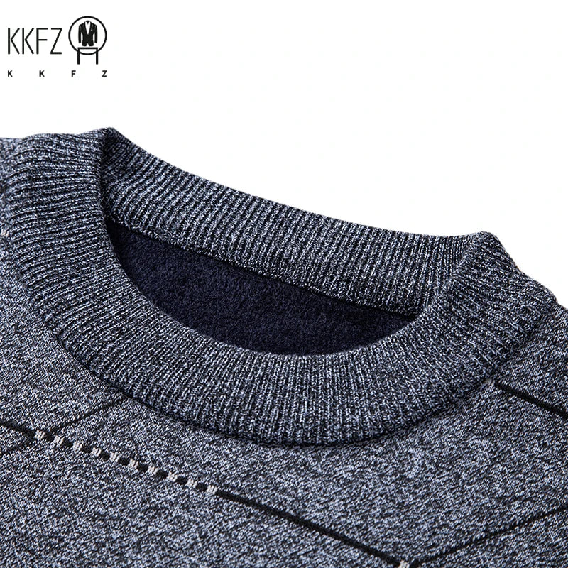 Cold Weather Men Knit Pullover Thick Plush Interior Diagonal Grid Print Design Everyday Casual Long Sleeve Warm Jumper