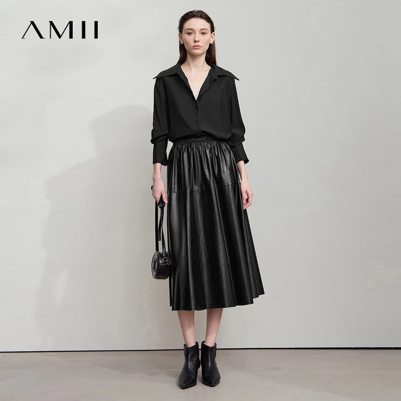 AMII Minimalist Woman Black Midi Skirt 2026 Autumn Vintage Loose Luxury Party PU Leather Skirts Casual A Line Skirts 12543028