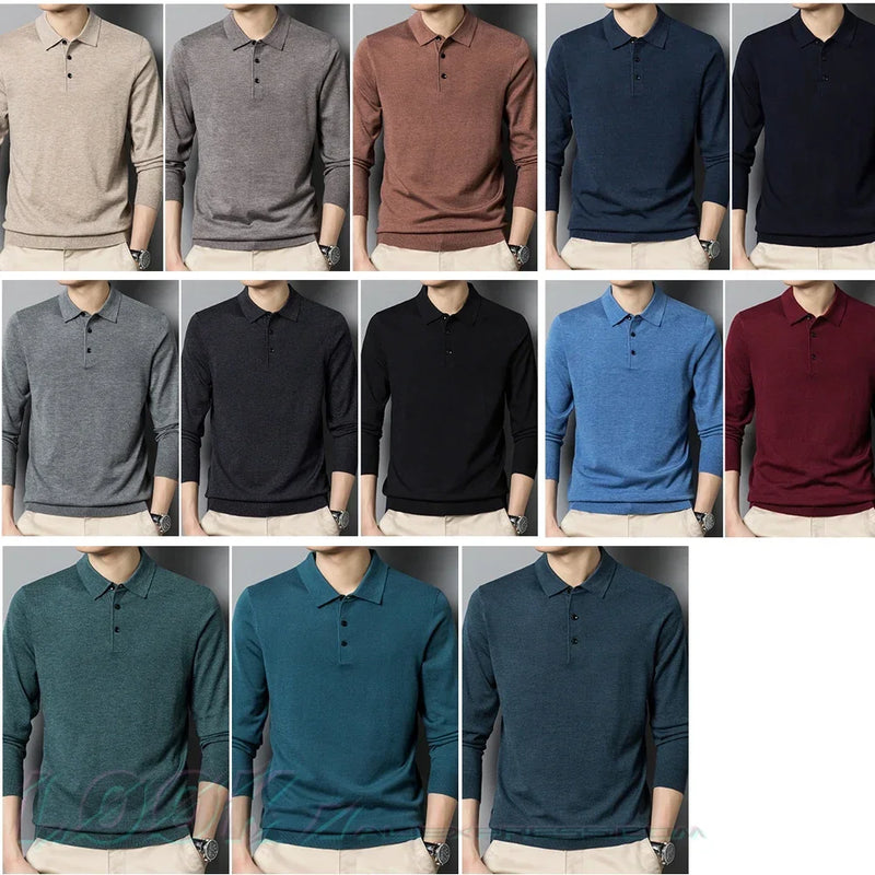 Men's Autumn Long-Sleeved Wool Blend Solid Color Polo Pullover Sweater with Lapel, Casual Bottoming Sweater -Sizes M-4XL