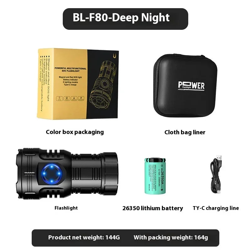 ពិល LED ថាមពលខ្ពស់ អាចសាកបានតាម USB 8 គ្រាប់ XPG កន្ទុយចង្កៀង មេដែក ក្លីបពិល ធន់នឹងទឹក ចង្កៀងតូច ចល័ត