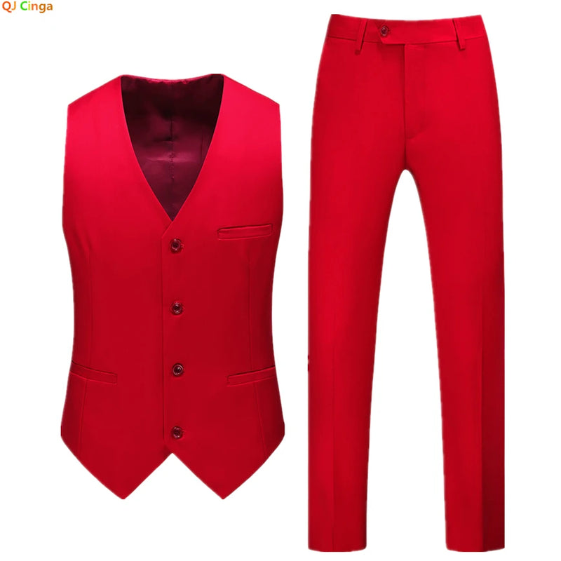 2026 Men's Bright Red V-Neck Sleeveless Vest with Pants, Green Gray Black White Purple Waistcoat and Trousers Asian Size Sets