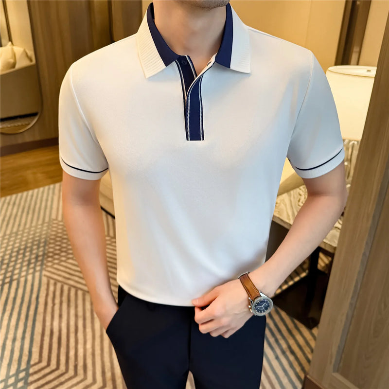 Men's Cotton Spandex Polo Shirt - Comfortable Stretch Short Sleeve with Contrast Collar & Hidden Button Placket