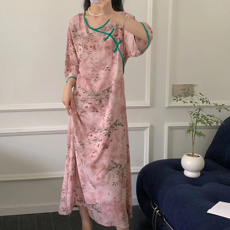 Half Sleeve Length Sleep Shirts For Women Printed Cotton Nightgowns Vintage Slim Ladies Sleepwear Dress Home Wear Nightshirt