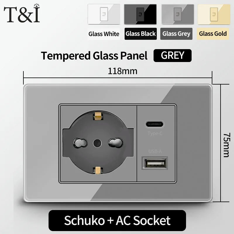 T&I Wall Switch Sockets With USB TypeC  Fast Charging, Italy Socket , Chile Schuko Outlet, Tempered Glass Panel for Home
