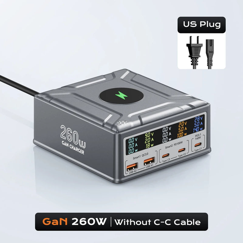ឆ្នាំងសាកឥតខ្សែ USB C GaN 260W QC3.0 PD3.1 ស្ថានីយសាកថ្មលឿន PPS 140W សម្រាប់ iPhone 16 15 MacBook Pro Samsung Laptop ឆ្នាំងសាកឥតខ្សែ