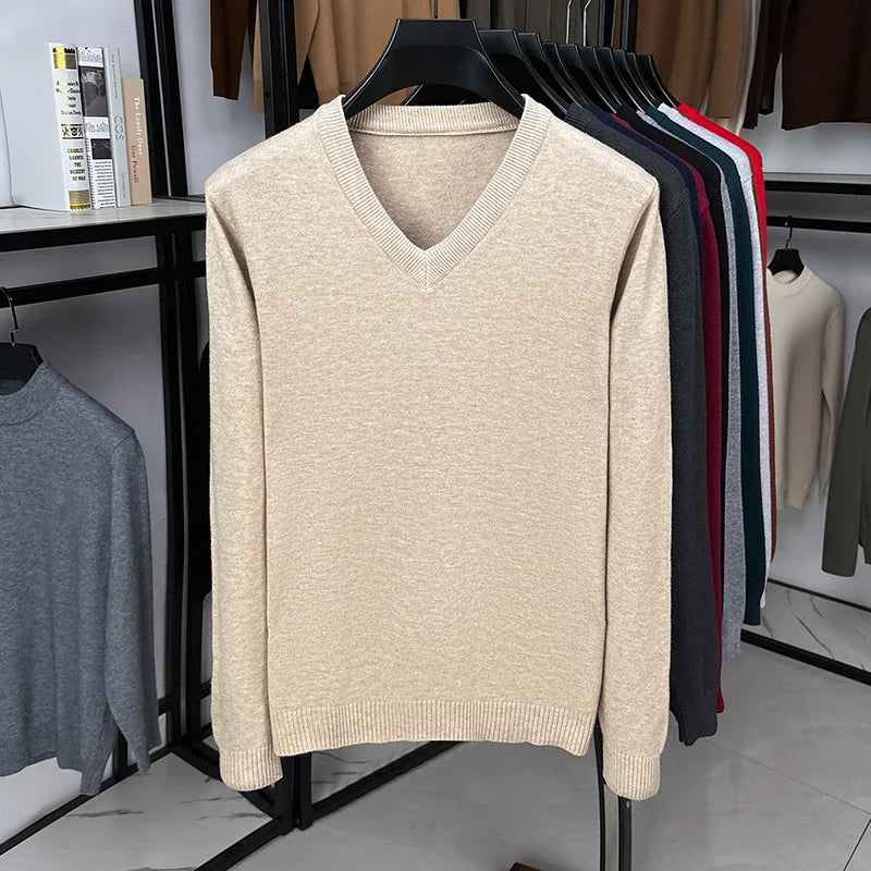 Classic V Neck Knitted Top Men Long Sleeve Smooth Knit Rib Trim Suitable For Layering Everyday Casual Look