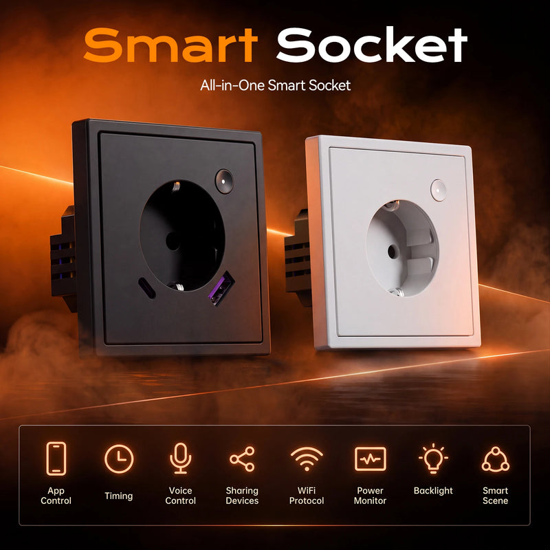 BSEED E Series WIFI Wall Socket Smart Power Monitor Socket 20W USB Type-C Charge Port Plastic Frame Tuya Smart Life Control
