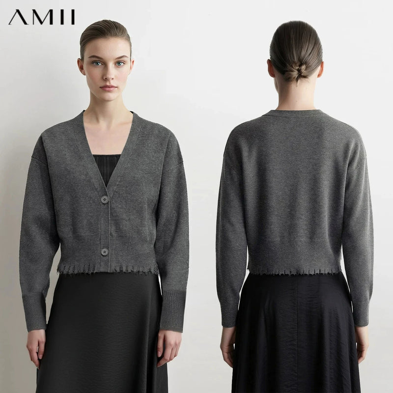 AMII Cardigan Ladies 2026 Autumn New V-neck Short Sweater Cardigan Women's Loose Casual Knitted Long Sleeves Top Female 12523126