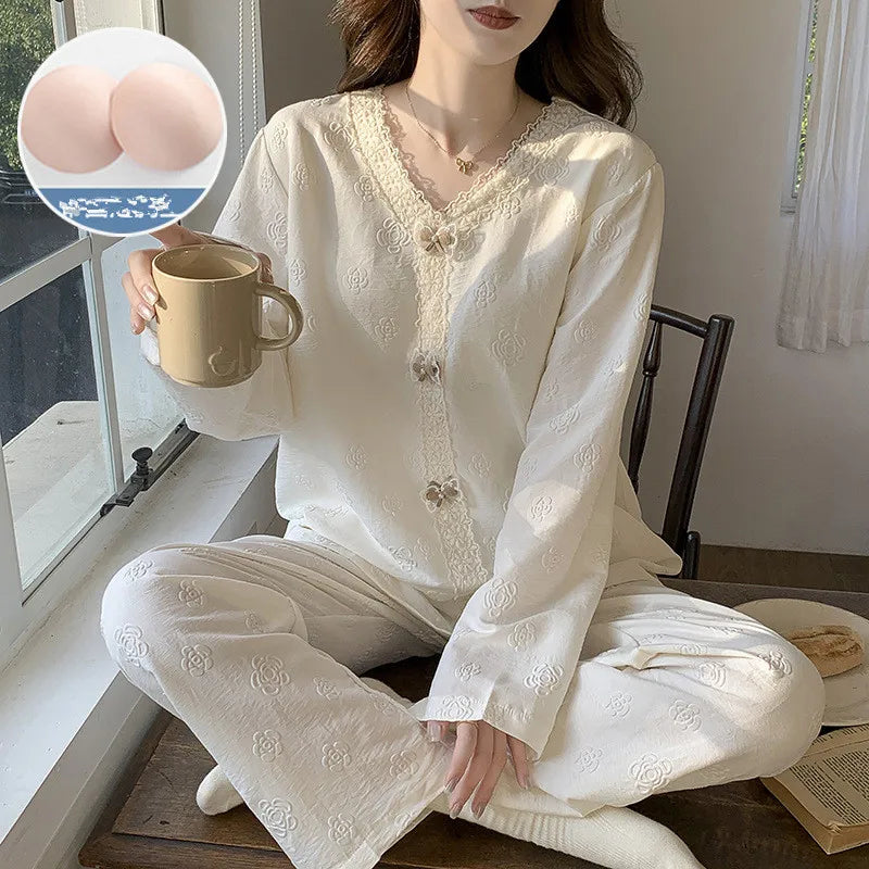 Pajama Woman Winter Sleepwear Set New Casual Chest Pad Long Sleeve Top Pant Suit Spring Autumn Cotton Women's Home Clothes