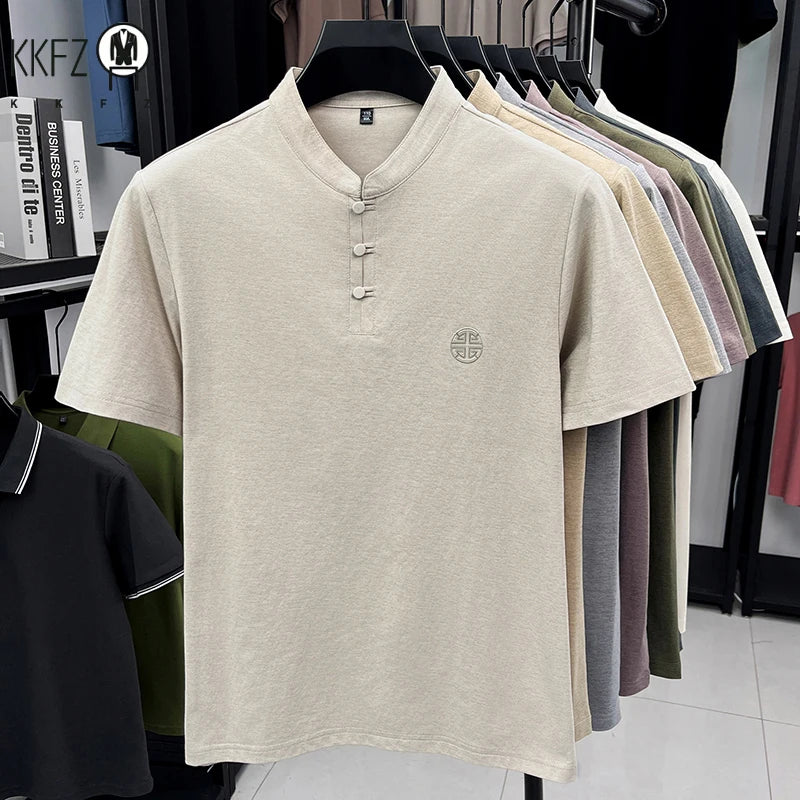Mens Casual Short Sleeve Henley Shirt Mandarin Collar Frog Button Chinese Style Embroidered Summer Top