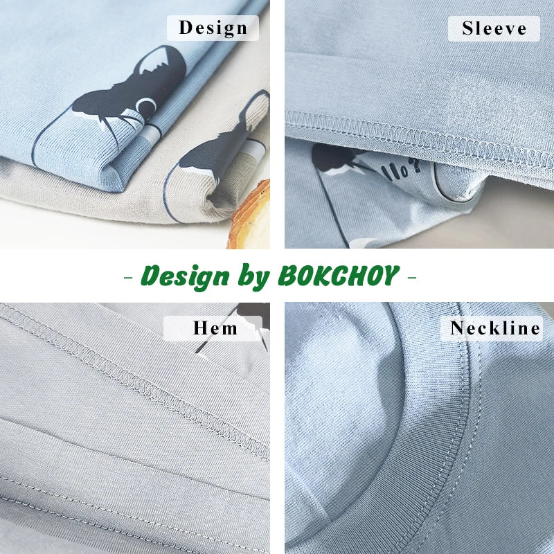 Summer New 100% Cotton Cat Printed Men T-shirts Short Sleeve Casual Solid Color Simple Thin Men Tops BOK0121
