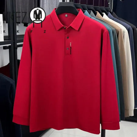 Spring Autumn Mens Lapel Polo Tops High Elastic Wrinkle Resistant Material Simple Chest Letter Print Slim Fit Menswear