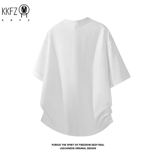 Mens Wrinkle Textured Short Sleeve Top Notched Collar Oversized Cutting Suitable For Vacation Dating And Casual Scenes
