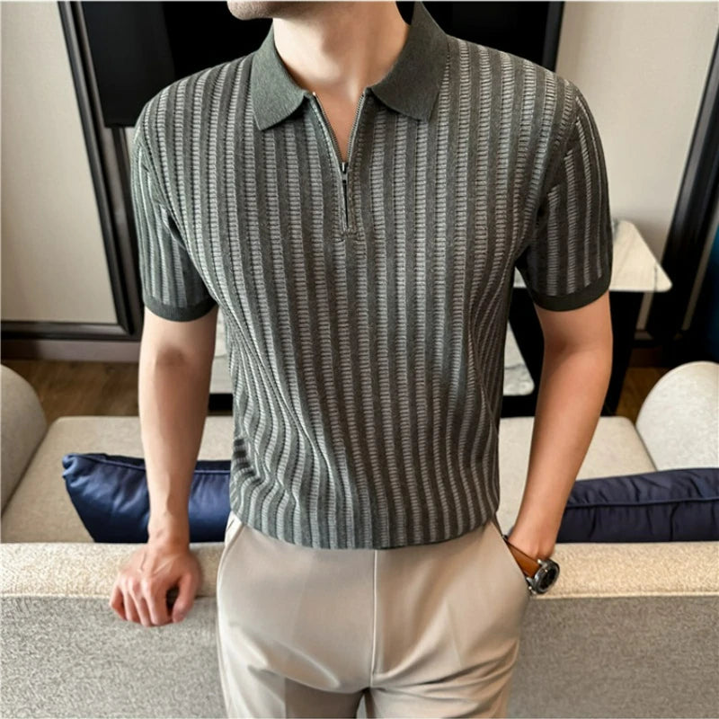 Lyocell Linen Polo Shirt Striped Half Zipper Knitted Short-Sleeved T-shirt T Men's Knitted Short Sleeve Breathable Perspiration