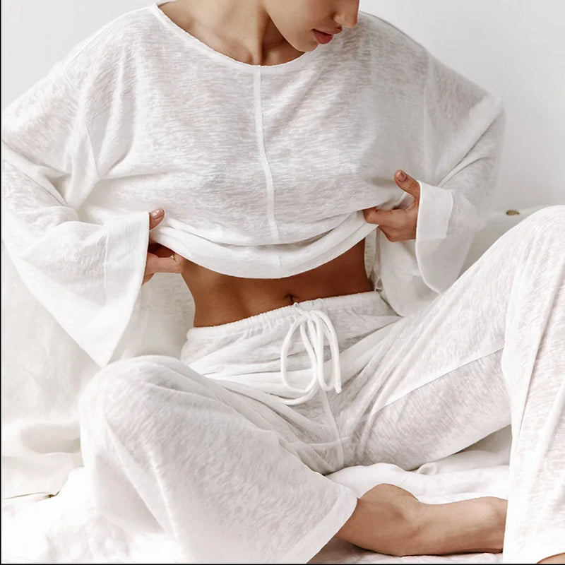Sexy Fashionable Knitted Long Sleeved Pajamas Women Friendly Home Clothes Cotton Sleepwear Set Spring Summer Nightwear Pijama
