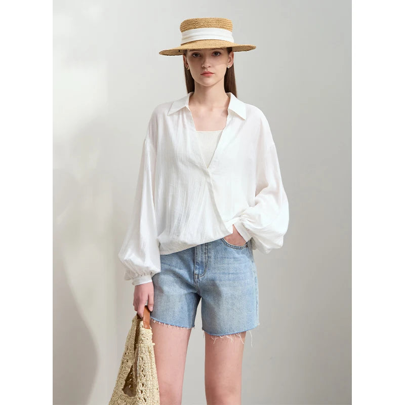 អាវ AMII Minimalist Chiffon សម្រាប់នារី រដូវស្លឹកឈើជ្រុះឆ្នាំ ២០២៦ ថ្មី ធម្មតា អក្សរសាស្ត្រ Lapel V-Neck ដៃអាវរាងចង្កៀង អាវរលុង 12541132