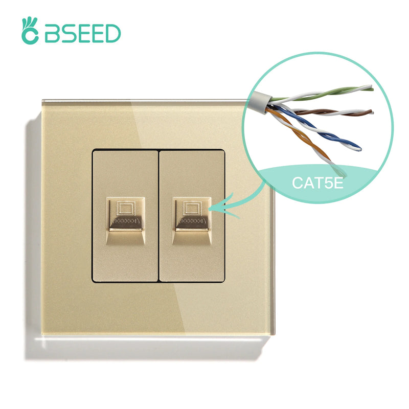 BSEED Double CAT5 Network Data Socket Internet RJ45 CAT6 PC Wall Outlet  EU Standard Tempered Glass Panel White Black Golden
