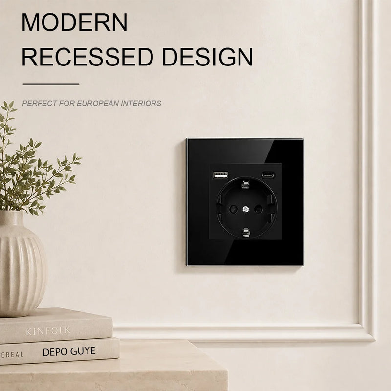 EU Standard 86x86mm Tempered Glass Wall Socket 16A Power Outlet with 5V 2A USB Type C or Dual USB for Home Hotel Office