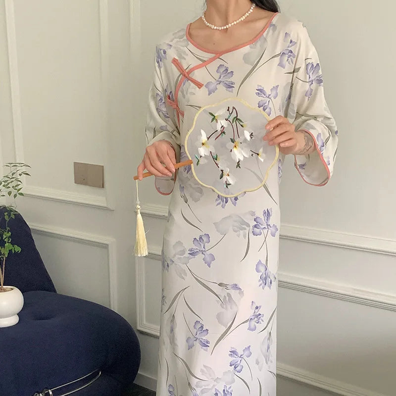 Half Sleeve Length Sleep Shirts For Women Printed Cotton Nightgowns Vintage Slim Ladies Sleepwear Dress Home Wear Nightshirt