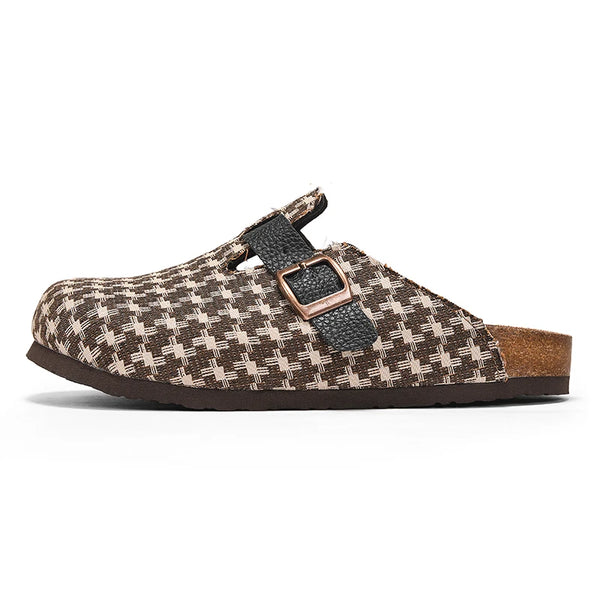 Mens Houndstooth Plaid Print Cork Footbed Clogs, Adjustable Buckle Closed-Toe Mules, Comfort Slip-On Shoes for Indoor & Outdoor