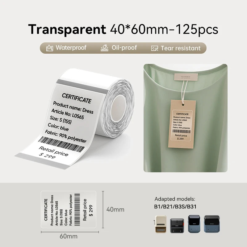 3 Rolls NIIMBOT B21 B3S B1 B31 Thermal Label Clothing Price Food Self-adhesive Tag Waterproof Smart Office Pocket Printer Label