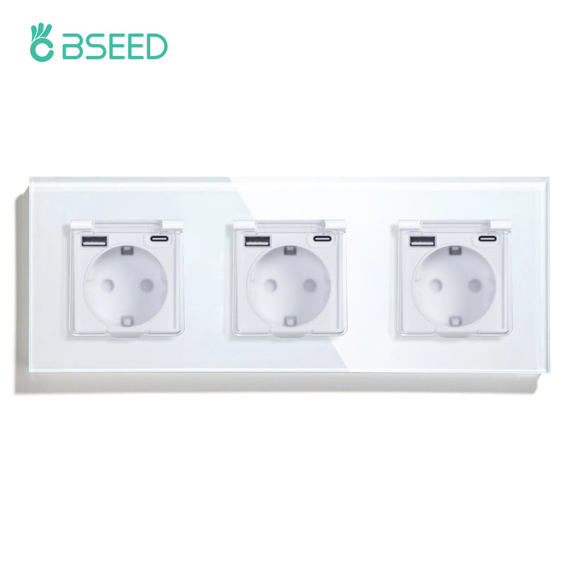 BSEED EU Standard Single Power Socket With Waterproof Cover Double USB Type-C Outlets Triple Plugs 16A Glass Panel 110-250V