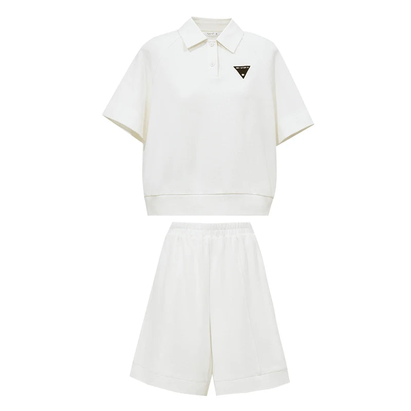 Amii Short Sleeve T-shirt 2026 Summer New POLO Neck Embroidered Top Casual Separate Shorts Breathable Woman Clothing 12622168