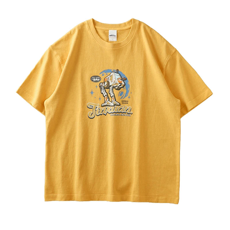 Dukeen 320g Heavyweight Oversized Short-Sleeved T Shirt Men Summer Plus Size Cotton Robot Printing Tees Couples