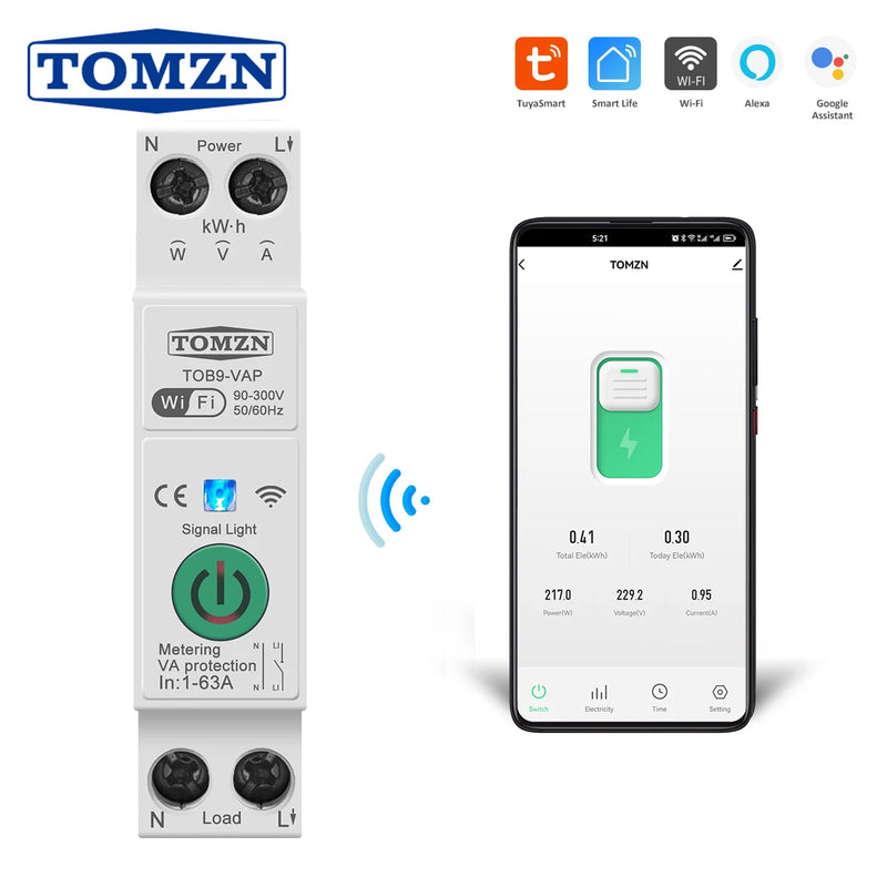 TOMZN 63A TUYA WiFi Smart Circuit Breaker Over Current Under Voltage Protection Power Metering Wireless Remote Control Switch