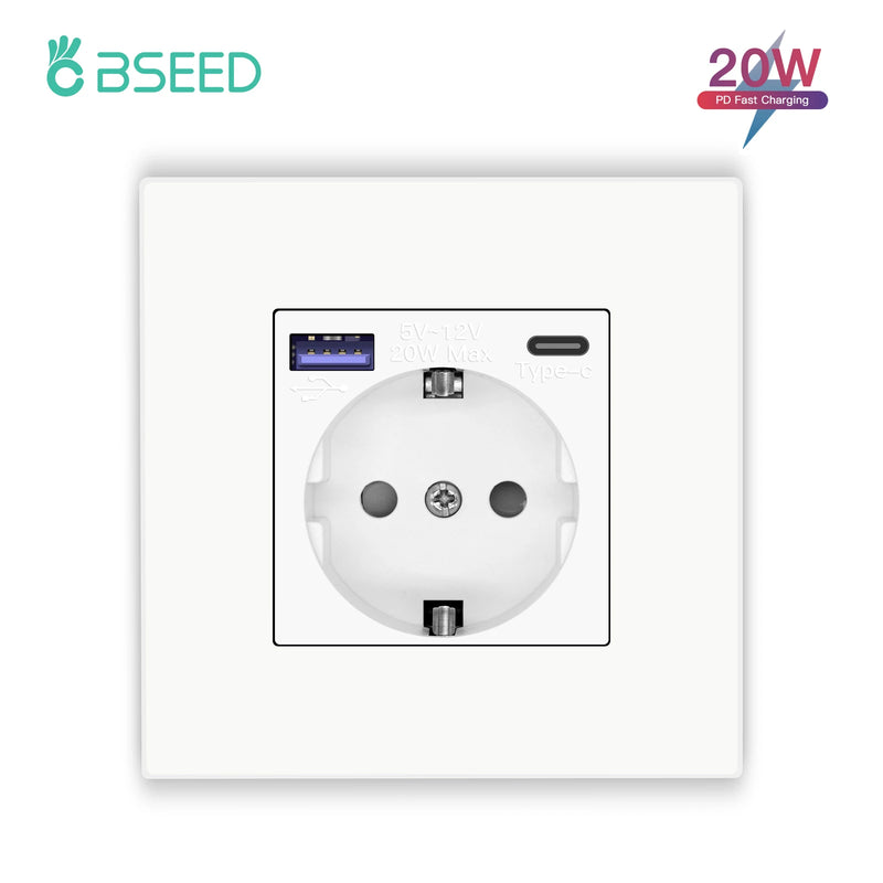BSEED M1 Series EU Wall Socket USB Type-C Port Outlets Double Plastic Frame Sockets Triple Power Plugs Kids Protection 16A