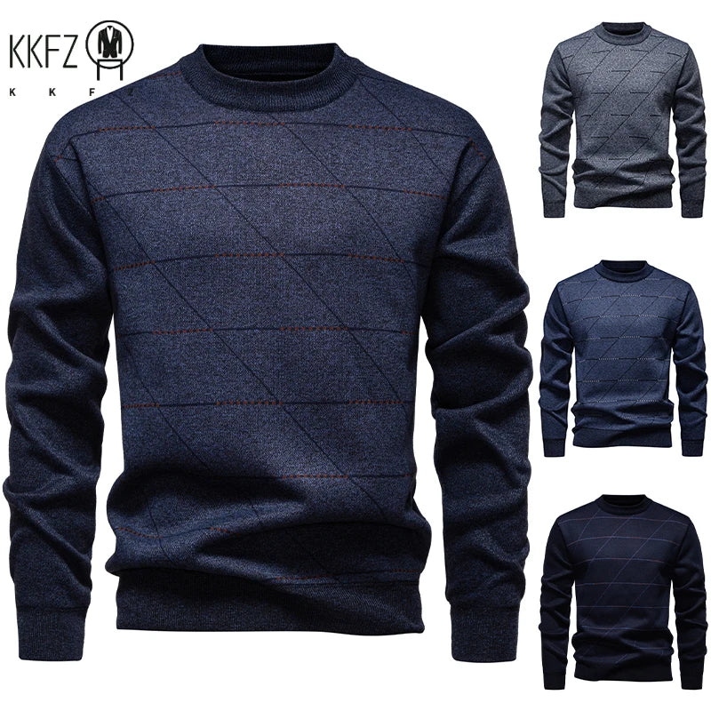 Diagonal Grid Pattern Male Knitted Top Fleece Lined Crew Neck Business Casual Long Sleeve Cold Season Knit Jumper