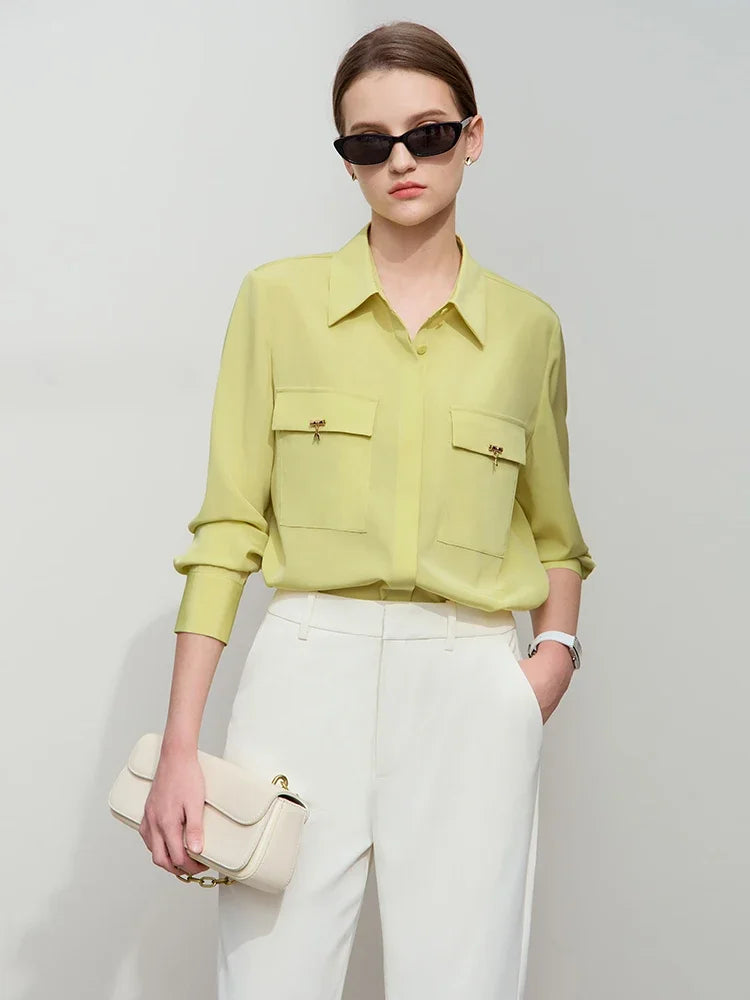 AMII Minimalist Chiffon Shirt Women 2026 Autumn New Temperament Gentle Lapel Bamboo Work Pocket Concealed Button Tops 12521032