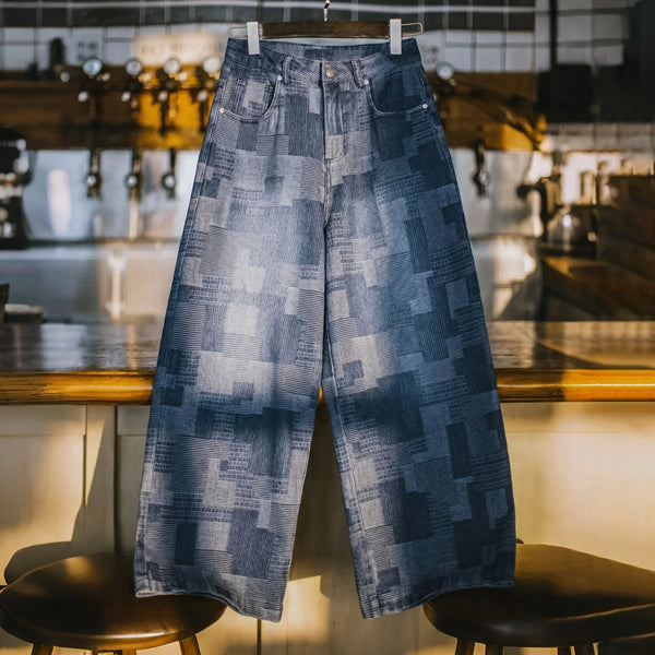 ខោខូវប៊យ Maden របស់បុរស Vintage Boro Jacquard Washed Denim Pants Baggy Harajuku Wide Leg Loose Patchwork Long Pants Casual Men Spring