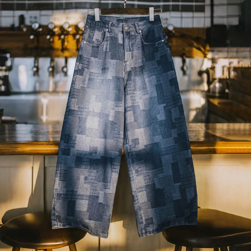 ខោខូវប៊យ Maden របស់បុរស Vintage Boro Jacquard Washed Denim Pants Baggy Harajuku Wide Leg Loose Patchwork Long Pants Casual Men Spring