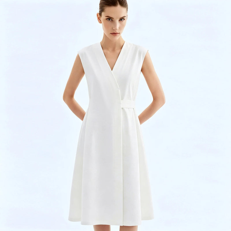 Amii Women's Summer Dress 2026 New Solid Color Loose Simple Elegant Office V-Neck A-Line Midi Women's Casual Dresses 12652058
