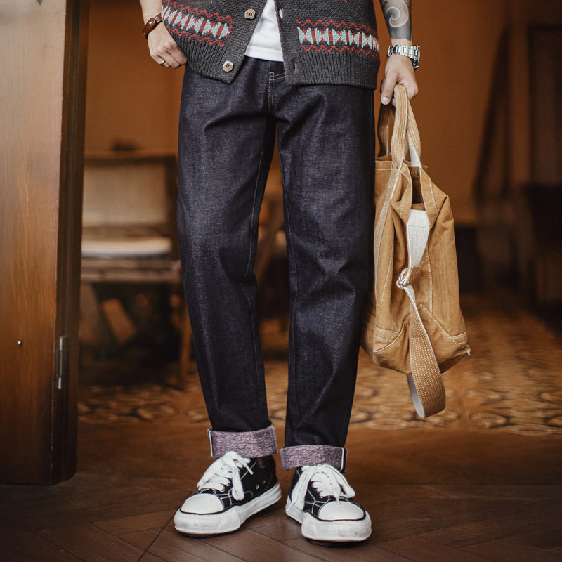 Maden Vintage 10.9oz Selvedge Raw Denim Jeans for Men Indigo Redline Straight Leg Pants Zip Fly Casual Trousers for Fall Winter